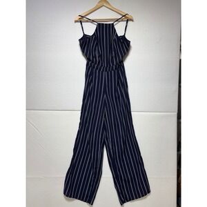 Japna Navy Blue White Pinstripe Halter Wide Leg Jumpsuit Open Back Small